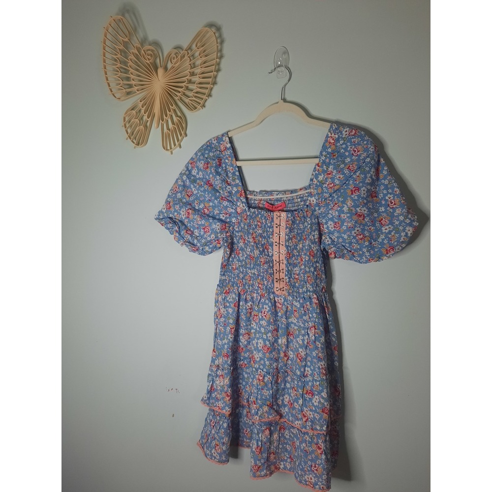 Betsey Johnson Floral Smocked Mini Dress Endless Sky Blue Puff Sleeve Medium NEW